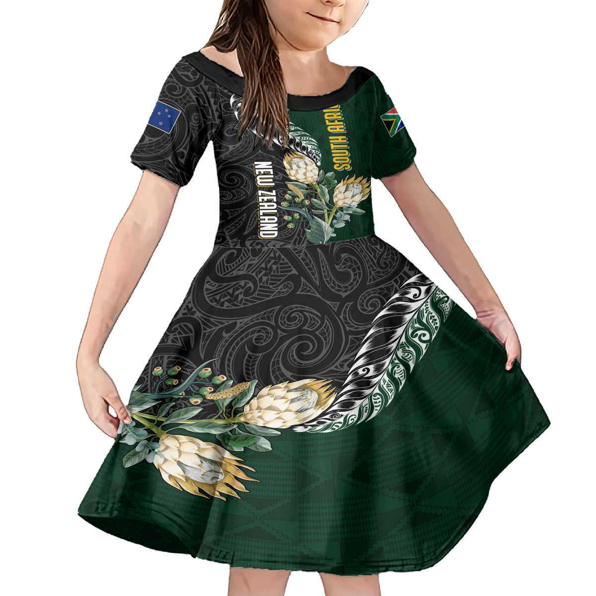 Custom South Africa Mix New Zealand Rugby 2023 Family Matching Short Sleeve Bodycon Dress and Hawaiian Shirt World Cup Greatest Rivalry LT7 Daughter's Dress Black Green - Polynesian Pride
