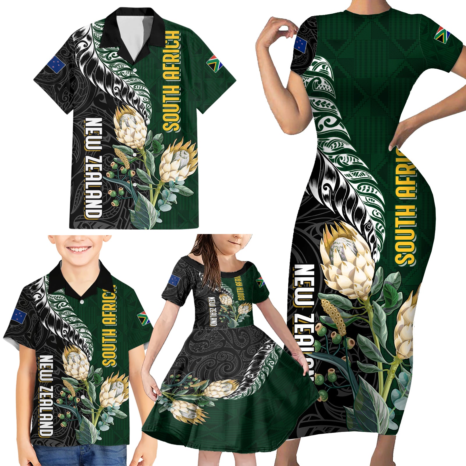 Custom South Africa Mix New Zealand Rugby 2023 Family Matching Short Sleeve Bodycon Dress and Hawaiian Shirt World Cup Greatest Rivalry LT7 - Polynesian Pride