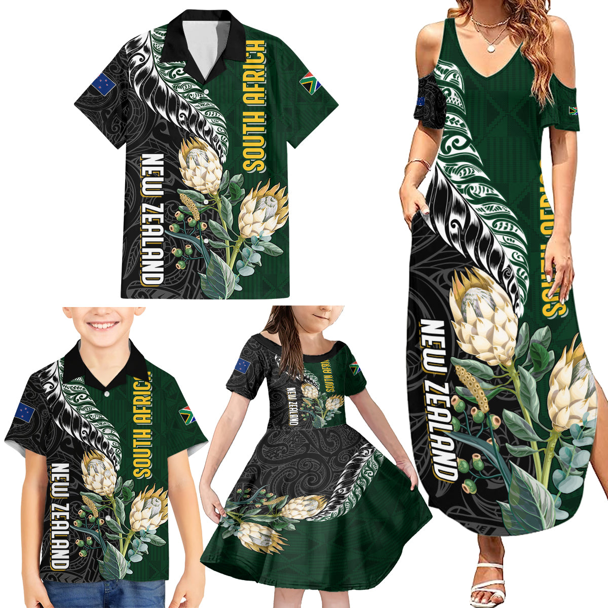 Custom South Africa Mix New Zealand Rugby 2023 Family Matching Summer Maxi Dress and Hawaiian Shirt World Cup Greatest Rivalry LT7 - Polynesian Pride