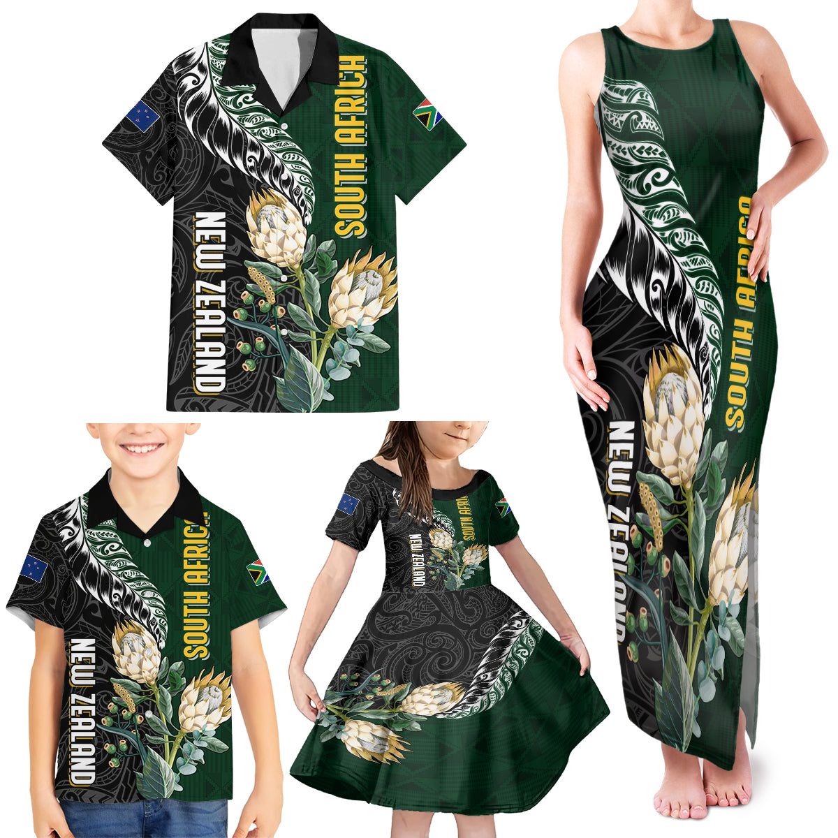 Custom South Africa Mix New Zealand Rugby 2023 Family Matching Tank Maxi Dress and Hawaiian Shirt World Cup Greatest Rivalry LT7 - Polynesian Pride