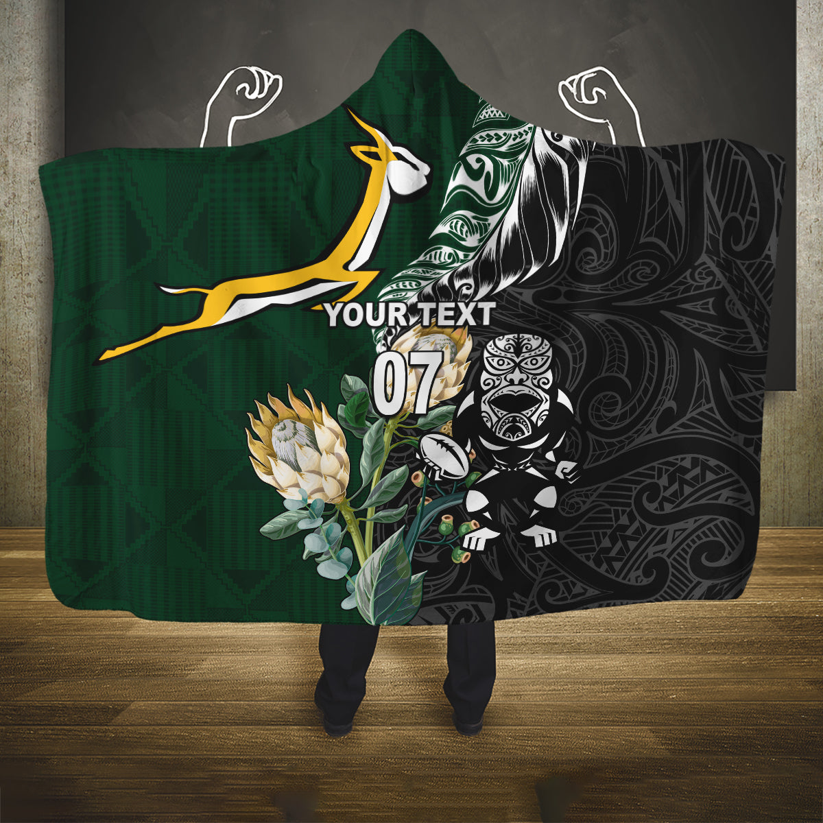 Custom South Africa Mix New Zealand Rugby 2023 Hooded Blanket World Cup Greatest Rivalry LT7 One Size Black Green - Polynesian Pride