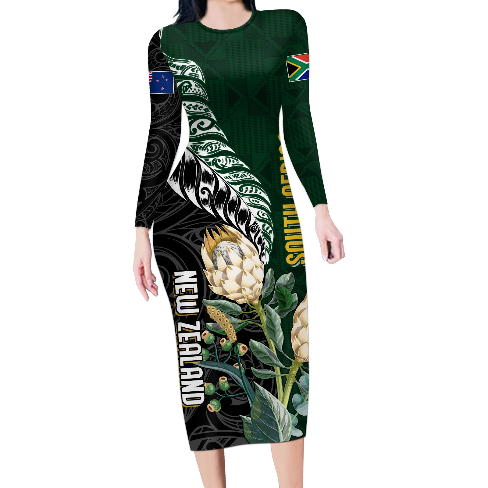 Custom South Africa Mix New Zealand Rugby 2023 Long Sleeve Bodycon Dress World Cup Greatest Rivalry LT7 Long Dress Black Green - Polynesian Pride