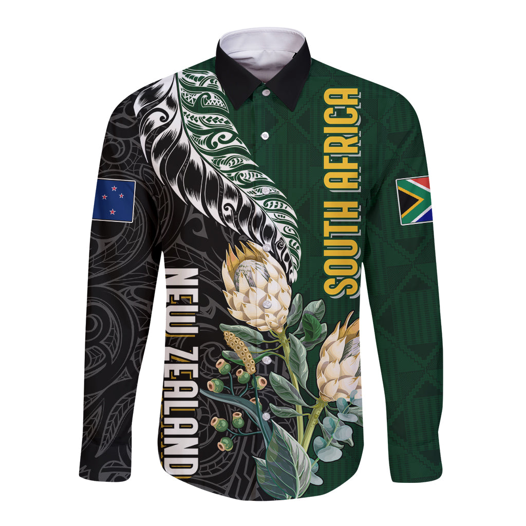 Custom South Africa Mix New Zealand Rugby 2023 Long Sleeve Button Shirt World Cup Greatest Rivalry LT7 Unisex Black Green - Polynesian Pride