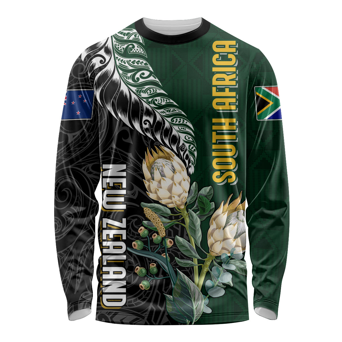 Custom South Africa Mix New Zealand Rugby 2023 Long Sleeve Shirt World Cup Greatest Rivalry LT7 Unisex Black Green - Polynesian Pride