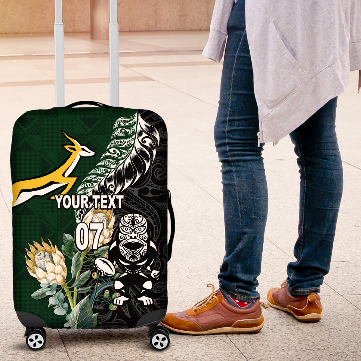 Custom South Africa Mix New Zealand Rugby 2023 Luggage Cover World Cup Greatest Rivalry LT7 Black Green - Polynesian Pride