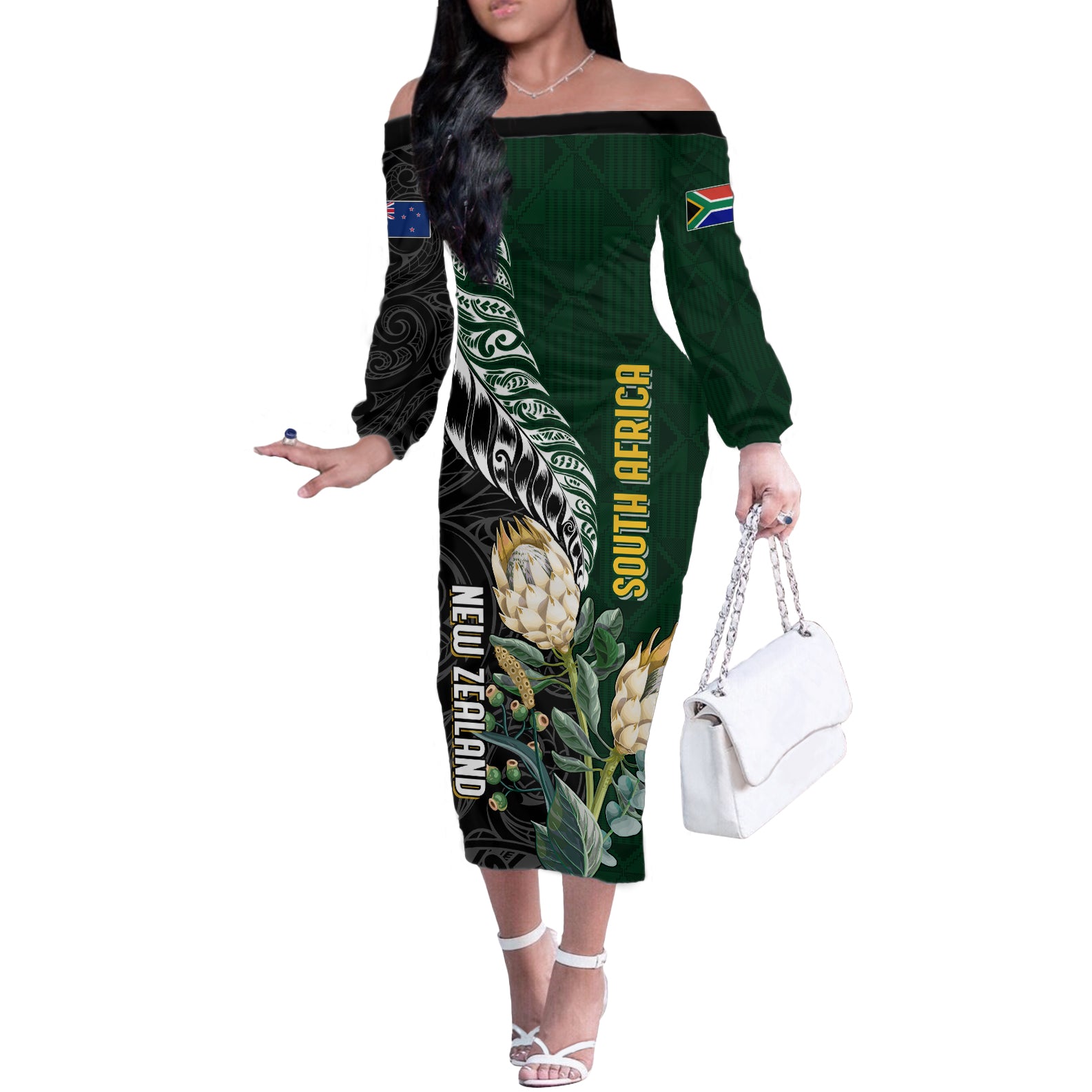 Custom South Africa Mix New Zealand Rugby 2023 Off The Shoulder Long Sleeve Dress World Cup Greatest Rivalry LT7 Women Black Green - Polynesian Pride