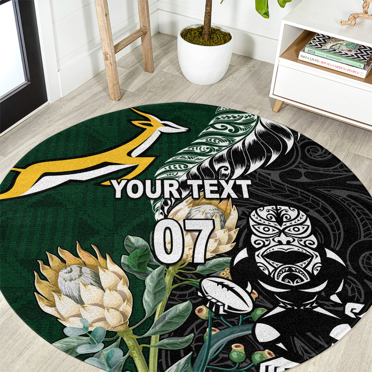 Custom South Africa Mix New Zealand Rugby 2023 Round Carpet World Cup Greatest Rivalry LT7 Black Green - Polynesian Pride