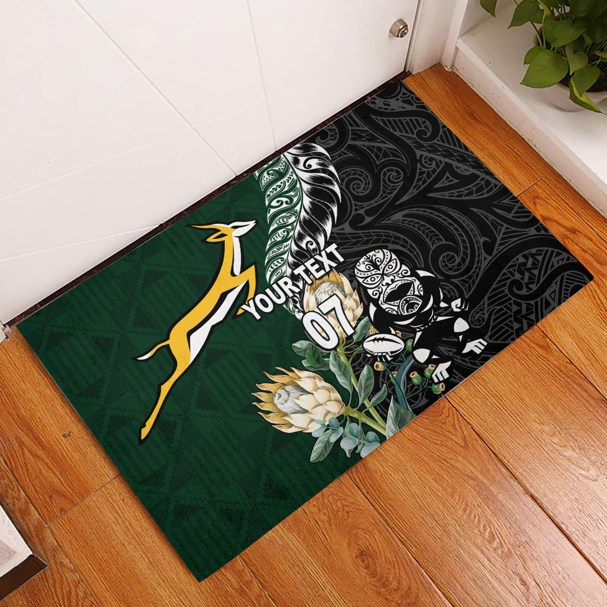 Custom South Africa Mix New Zealand Rugby 2023 Rubber Doormat World Cup Greatest Rivalry LT7 Black Green - Polynesian Pride