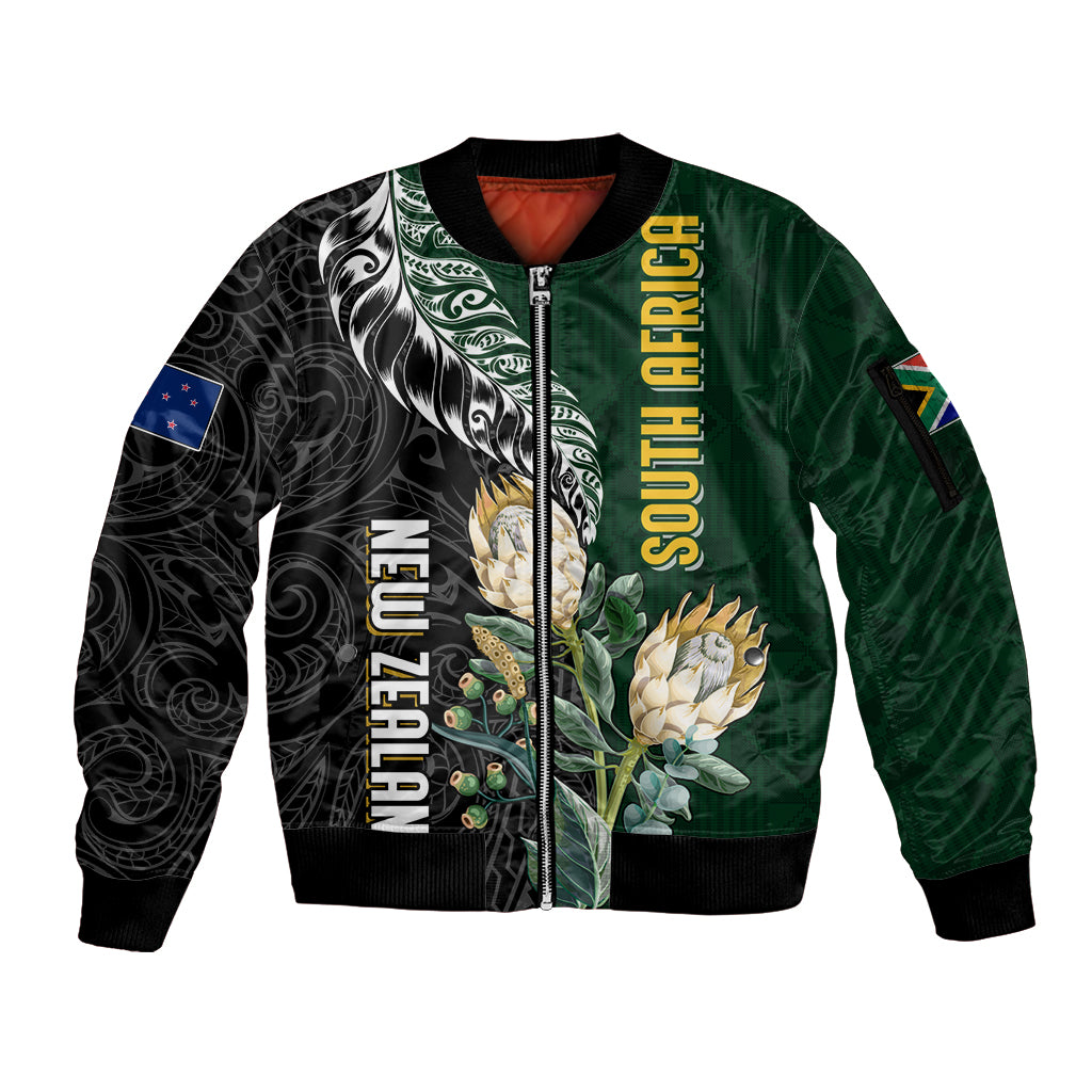 Custom South Africa Mix New Zealand Rugby 2023 Sleeve Zip Bomber Jacket World Cup Greatest Rivalry LT7 Unisex Black Green - Polynesian Pride