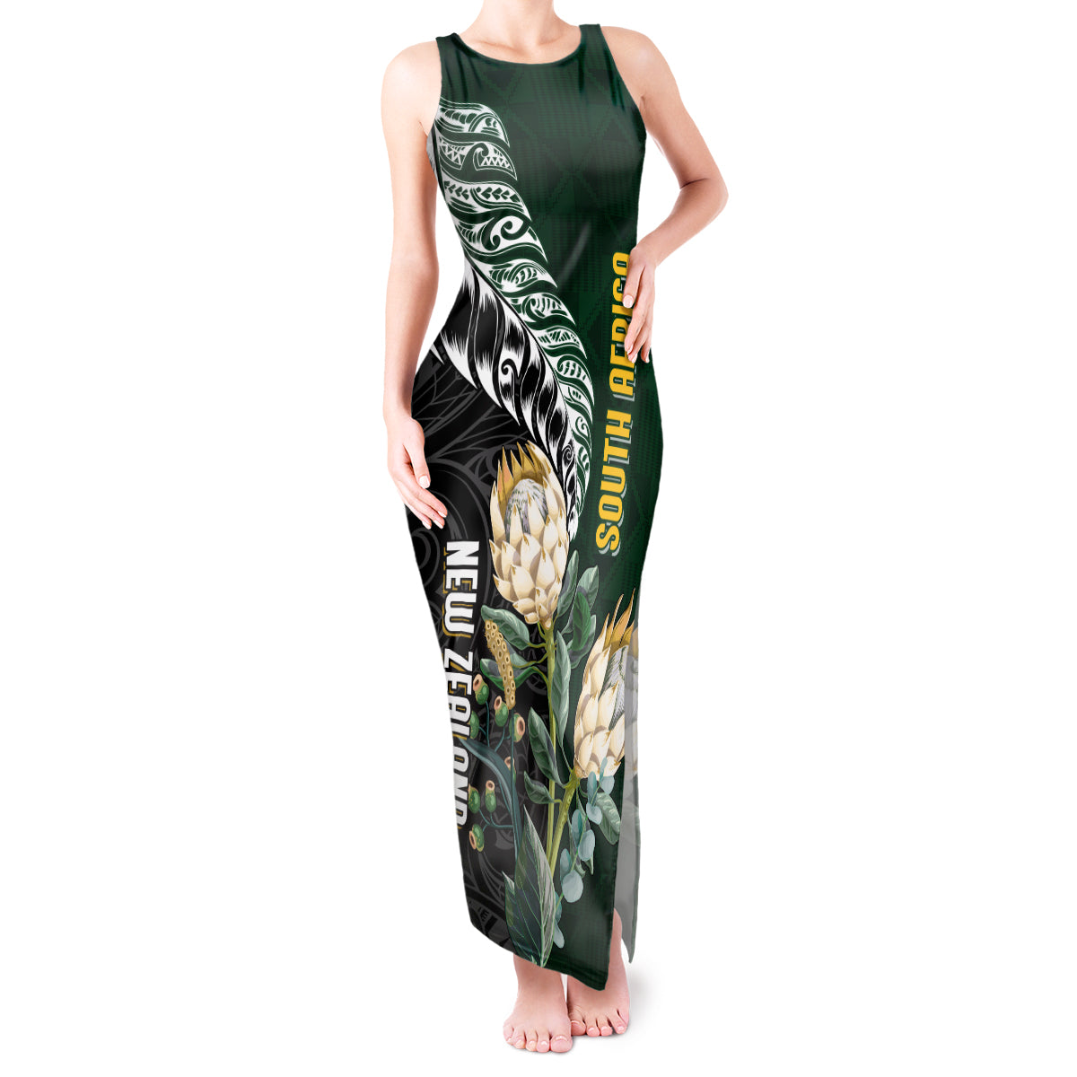 Custom South Africa Mix New Zealand Rugby 2023 Tank Maxi Dress World Cup Greatest Rivalry LT7 Women Black Green - Polynesian Pride