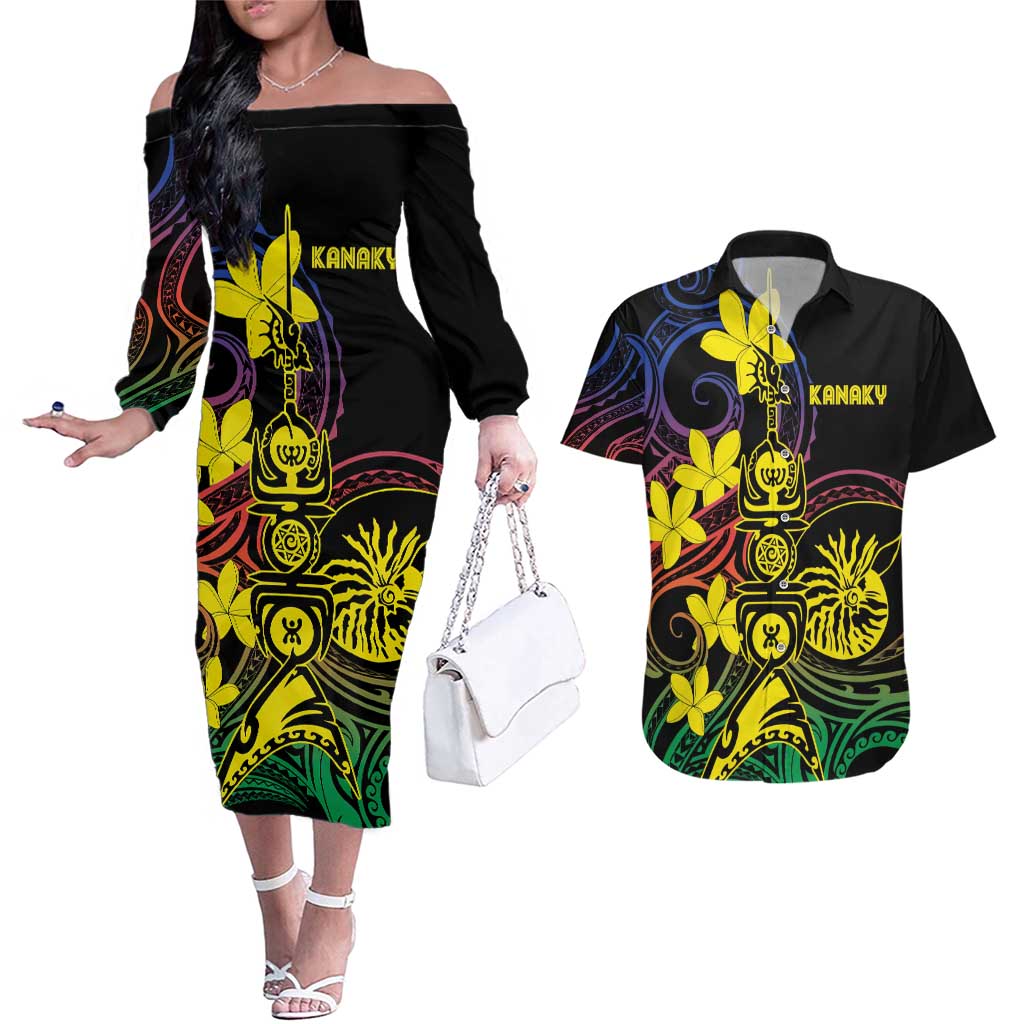 New Caledonia Kanaky Personalized Couples Matching Off The Shoulder Long Sleeve Dress and Hawaiian Shirt Fleche Faitiere - Plumeria