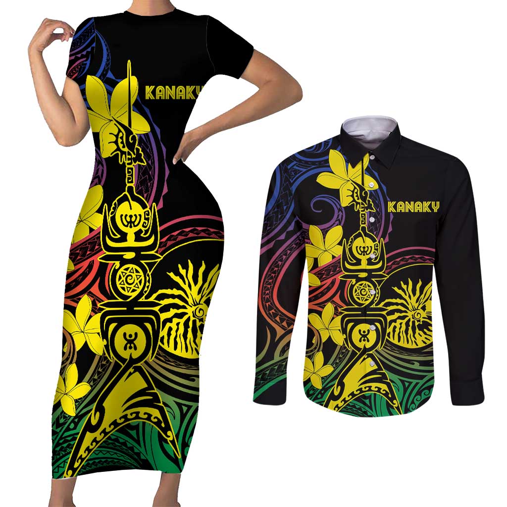 New Caledonia Kanaky Personalized Couples Matching Short Sleeve Bodycon Dress and Long Sleeve Button Shirt Fleche Faitiere - Plumeria