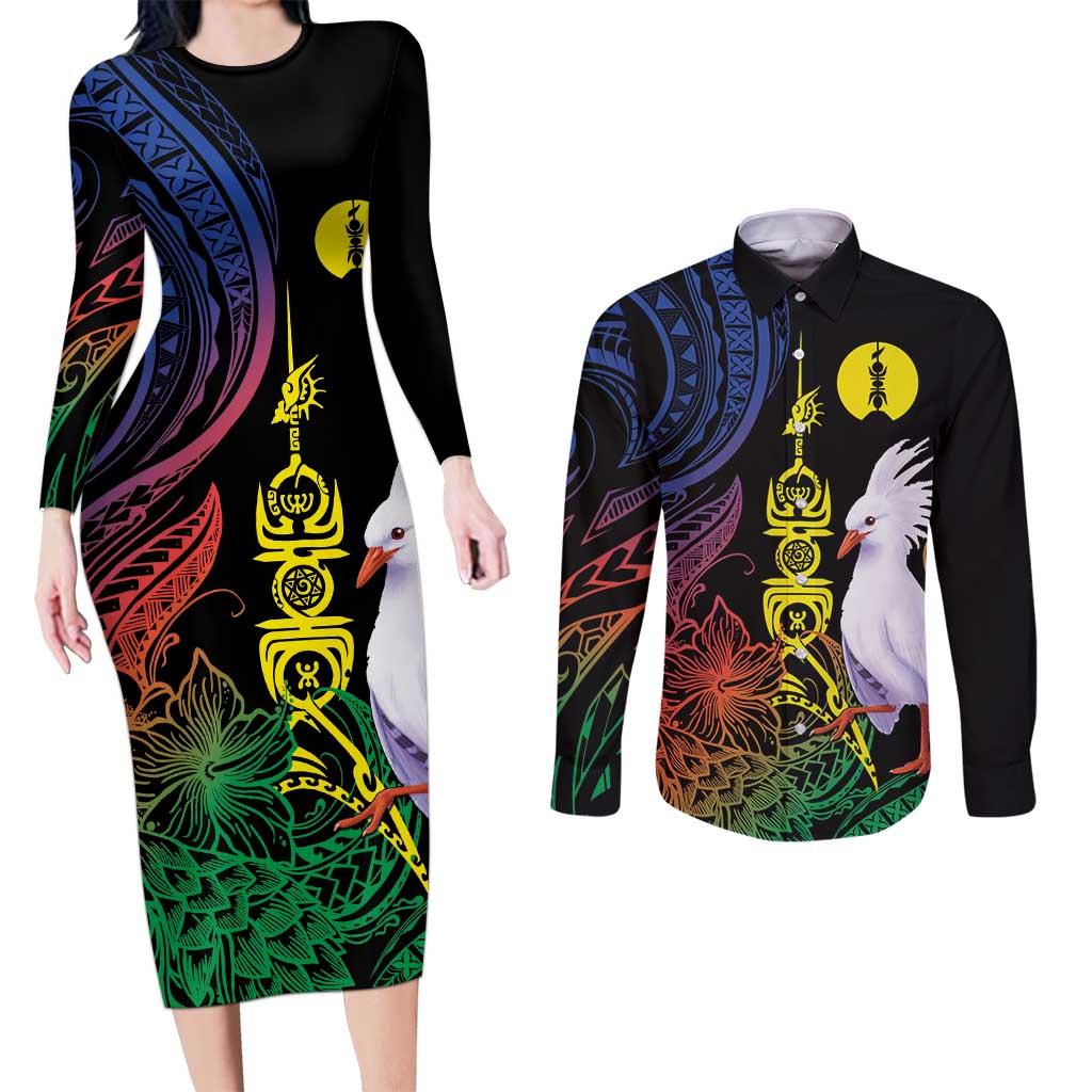 New Caledonia Kanaky Personalized Couples Matching Long Sleeve Bodycon Dress and Long Sleeve Button Shirt Fleche Faitiere Mix Kagu