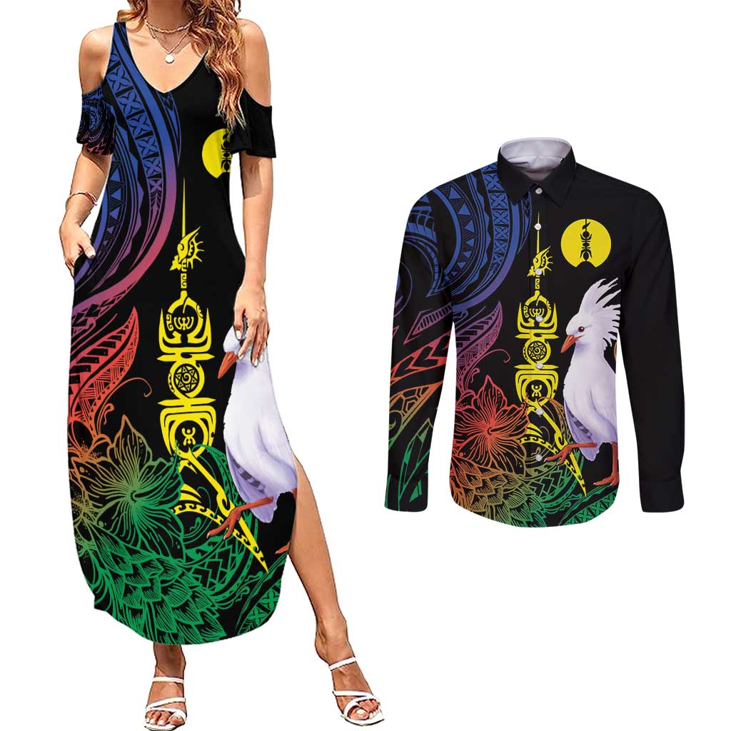 New Caledonia Kanaky Personalized Couples Matching Summer Maxi Dress and Long Sleeve Button Shirt Fleche Faitiere Mix Kagu