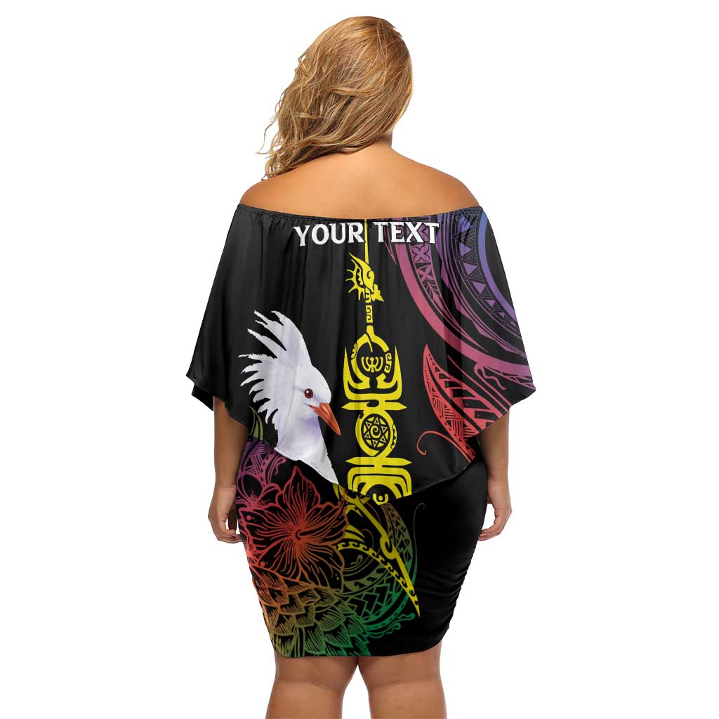New Caledonia Kanaky Personalized Family Matching Off Shoulder Short Dress and Hawaiian Shirt Fleche Faitiere Mix Kagu