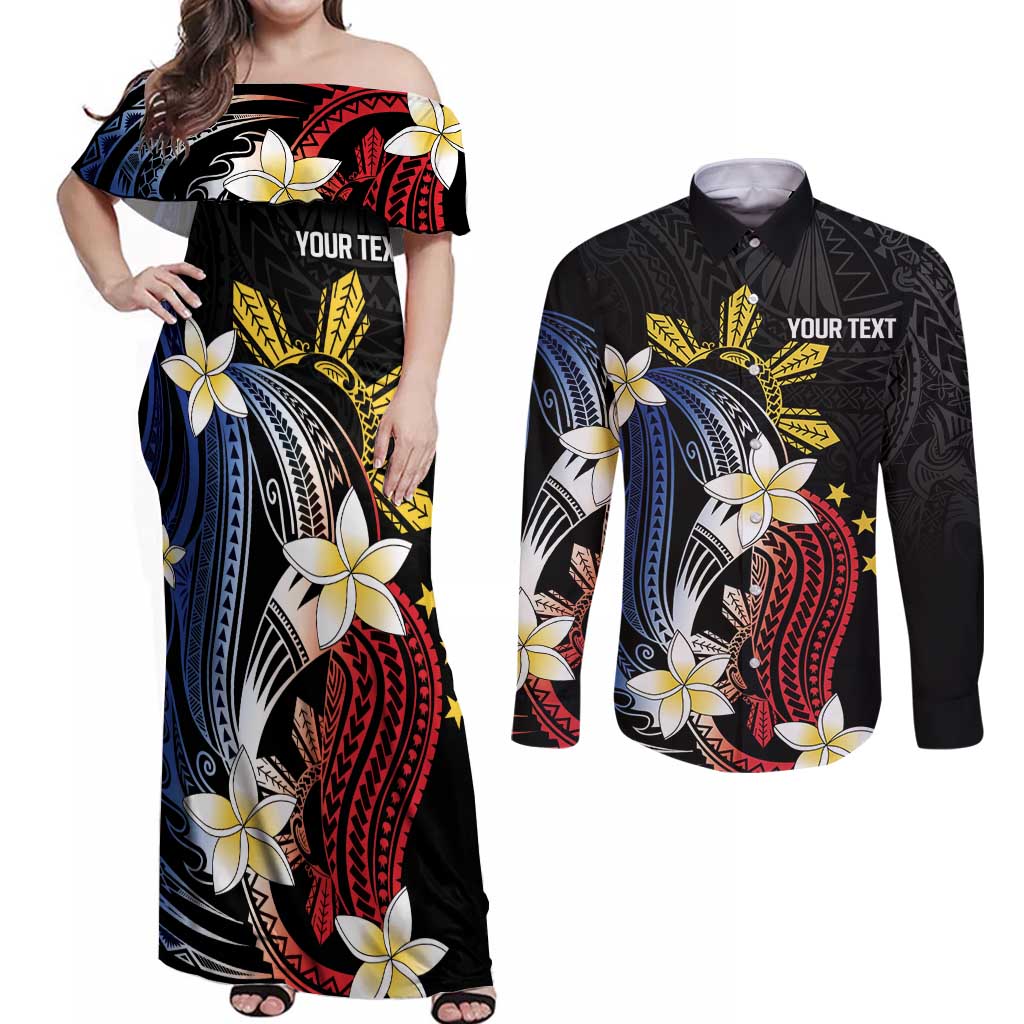 Personalized Philippines Tribal Couples Matching Off Shoulder Maxi Dress and Long Sleeve Button Shirt Tropical Waves - Plumeria