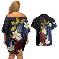 Personalized Philippines Tribal Couples Matching Off Shoulder Short Dress and Hawaiian Shirt Tropical Waves - Plumeria
