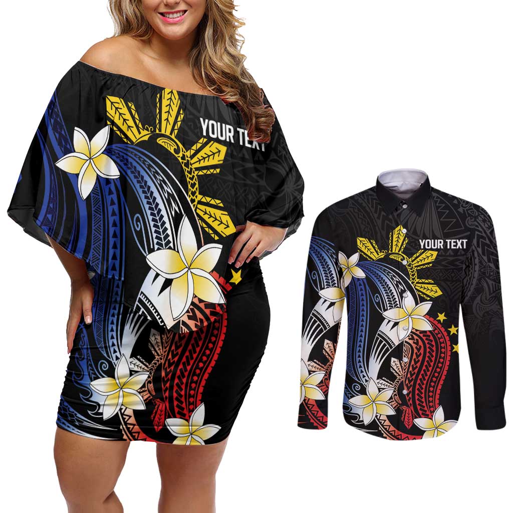 Personalized Philippines Tribal Couples Matching Off Shoulder Short Dress and Long Sleeve Button Shirt Tropical Waves - Plumeria