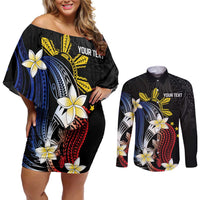Personalized Philippines Tribal Couples Matching Off Shoulder Short Dress and Long Sleeve Button Shirt Tropical Waves - Plumeria