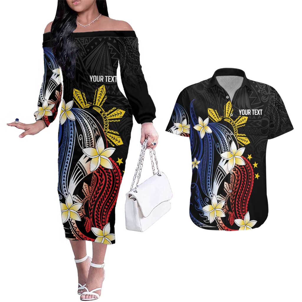 Personalized Philippines Tribal Couples Matching Off The Shoulder Long Sleeve Dress and Hawaiian Shirt Tropical Waves - Plumeria