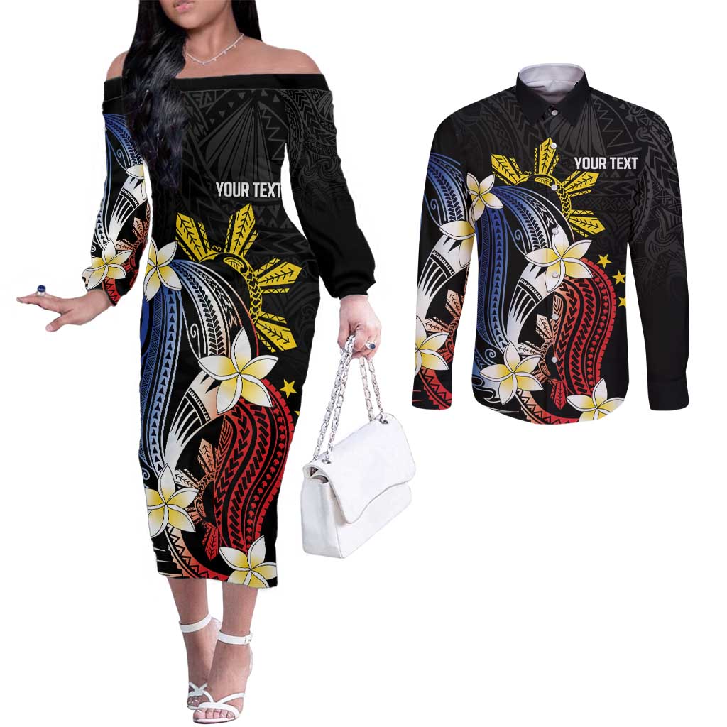 Personalized Philippines Tribal Couples Matching Off The Shoulder Long Sleeve Dress and Long Sleeve Button Shirt Tropical Waves - Plumeria