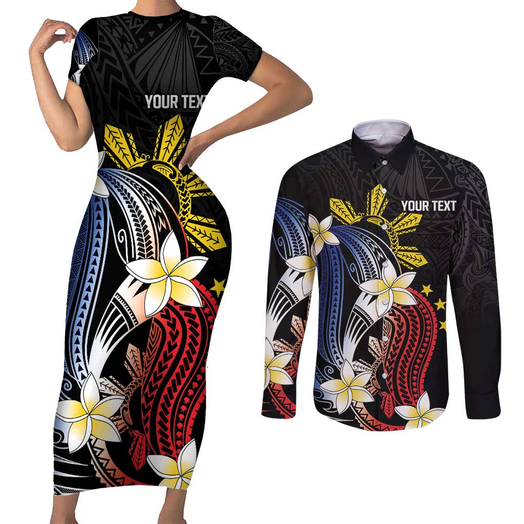 Personalized Philippines Tribal Couples Matching Short Sleeve Bodycon Dress and Long Sleeve Button Shirt Tropical Waves - Plumeria