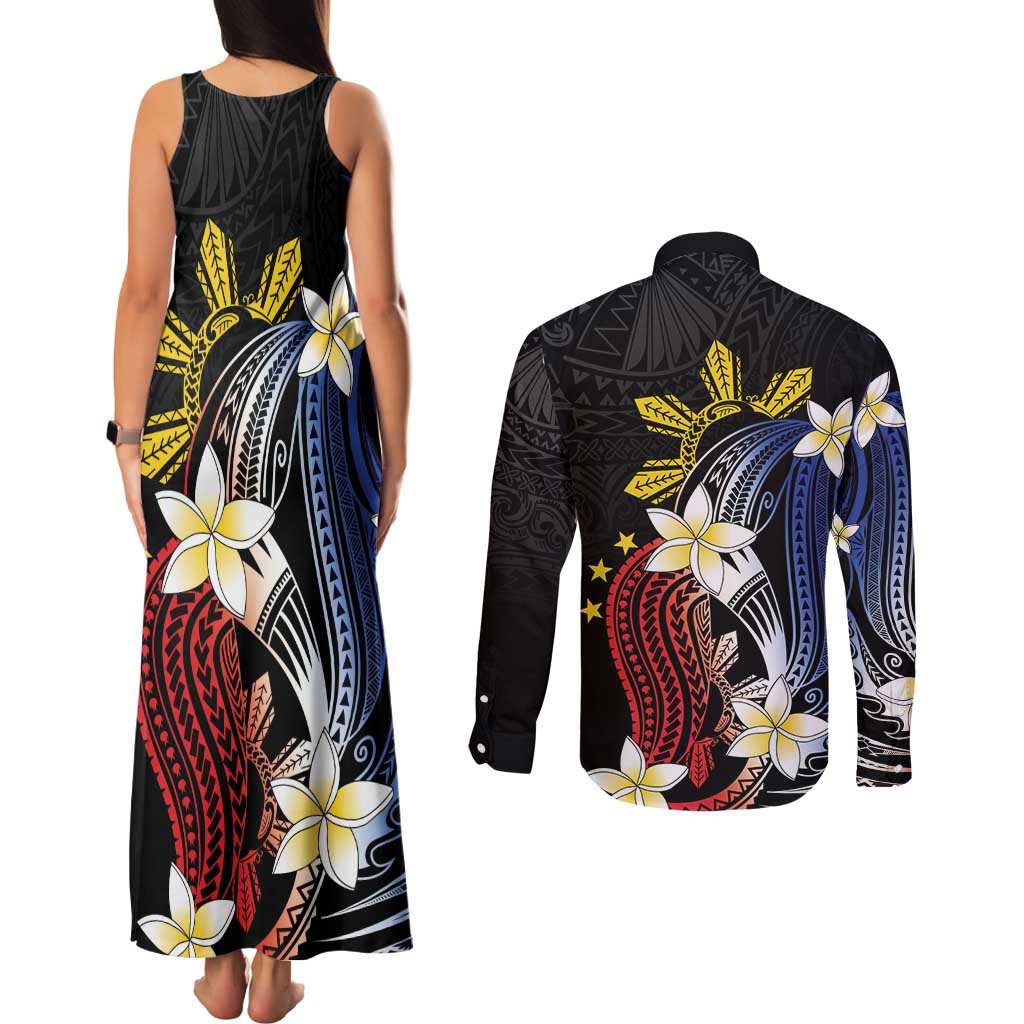 Personalized Philippines Tribal Couples Matching Tank Maxi Dress and Long Sleeve Button Shirt Tropical Waves - Plumeria