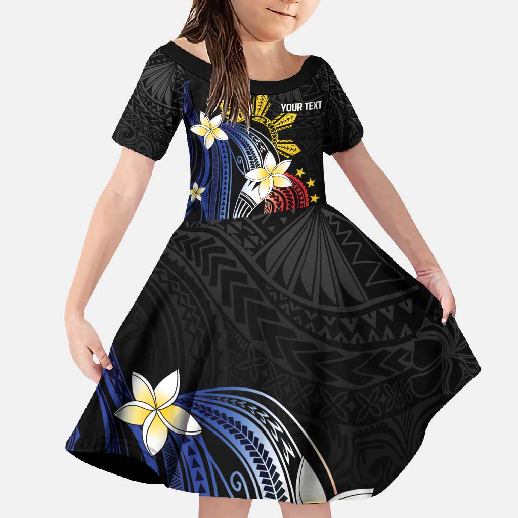Personalized Philippines Tribal Family Matching Off Shoulder Maxi Dress and Hawaiian Shirt Tropical Waves - Plumeria