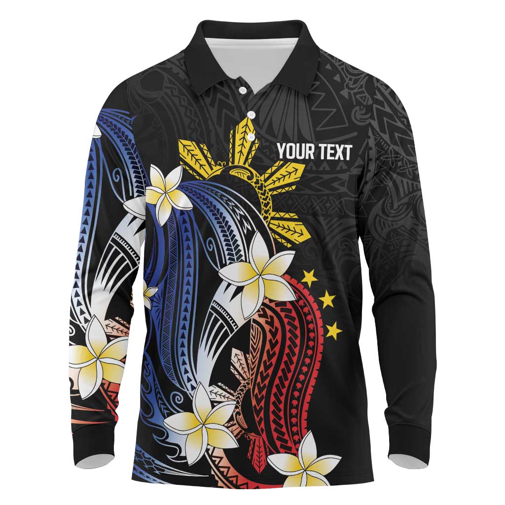 Personalized Philippines Tribal Long Sleeve Polo Shirt Tropical Waves - Plumeria