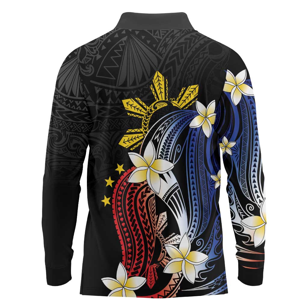 Personalized Philippines Tribal Long Sleeve Polo Shirt Tropical Waves - Plumeria