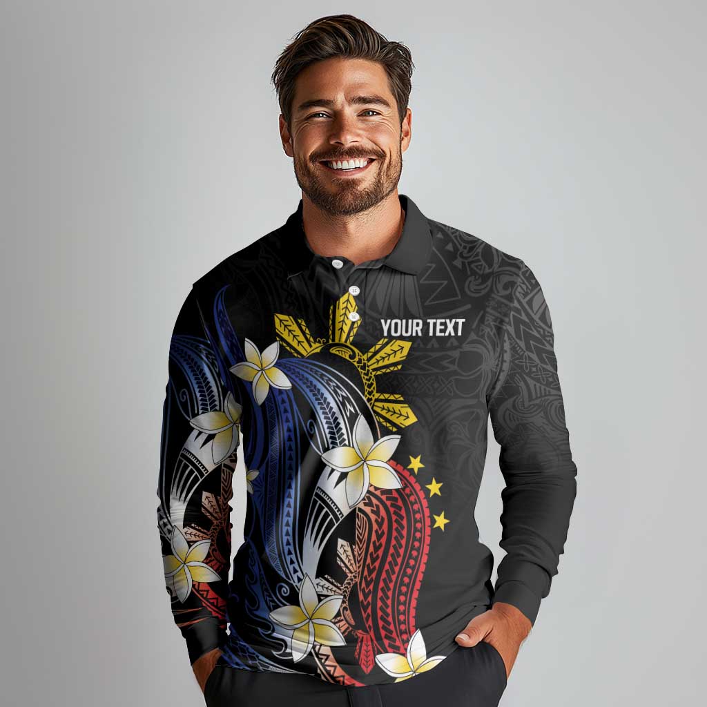 Personalized Philippines Tribal Long Sleeve Polo Shirt Tropical Waves - Plumeria