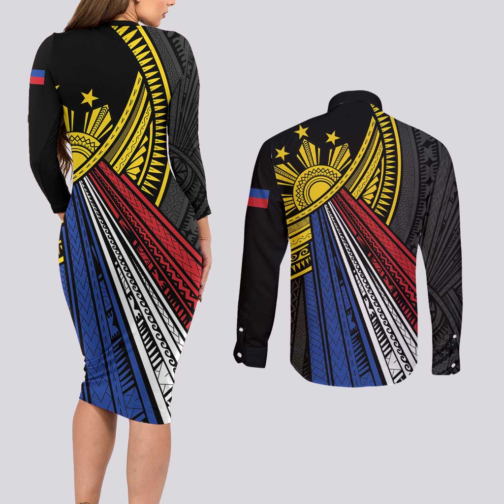 Philippines Sun Couples Matching Long Sleeve Bodycon Dress and Long Sleeve Button Shirt Pasifika Tribal Style