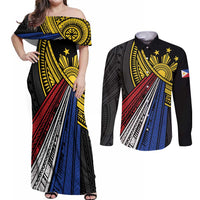 Philippines Sun Couples Matching Off Shoulder Maxi Dress and Long Sleeve Button Shirt Pasifika Tribal Style