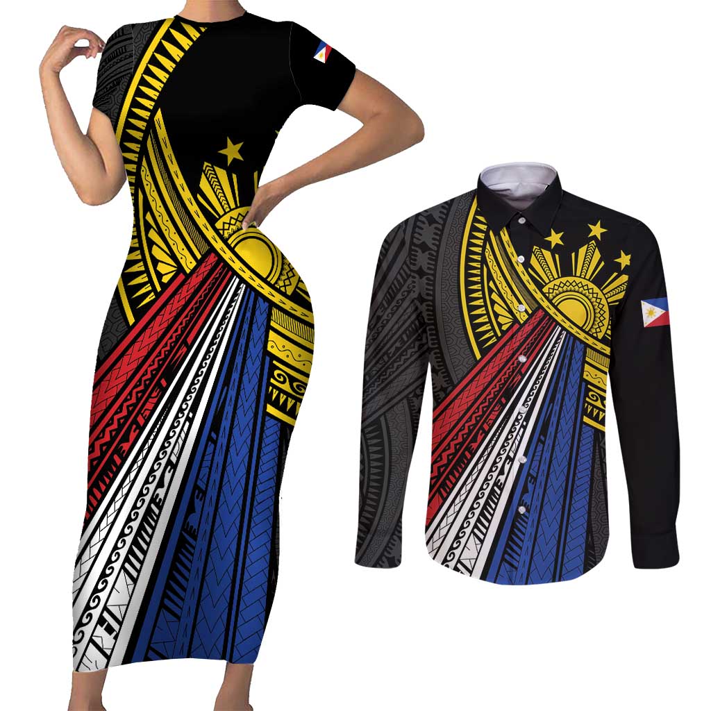 Philippines Sun Couples Matching Short Sleeve Bodycon Dress and Long Sleeve Button Shirt Pasifika Tribal Style