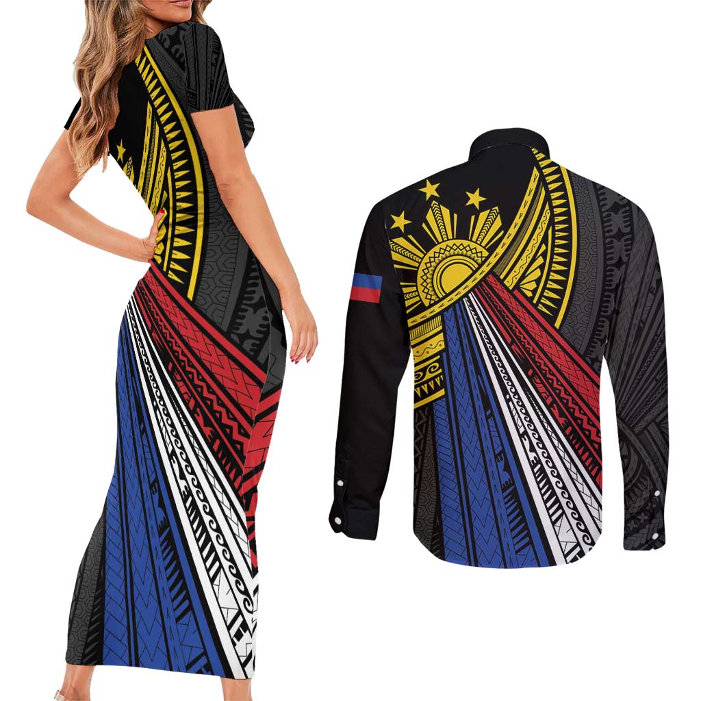 Philippines Sun Couples Matching Short Sleeve Bodycon Dress and Long Sleeve Button Shirt Pasifika Tribal Style