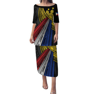 Philippines Sun Puletasi Pasifika Tribal Style LT7 - Long Dress / S / Black