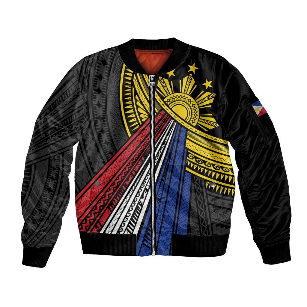 Philippines Sun Sleeve Zip Bomber Jacket Pasifika Tribal Style