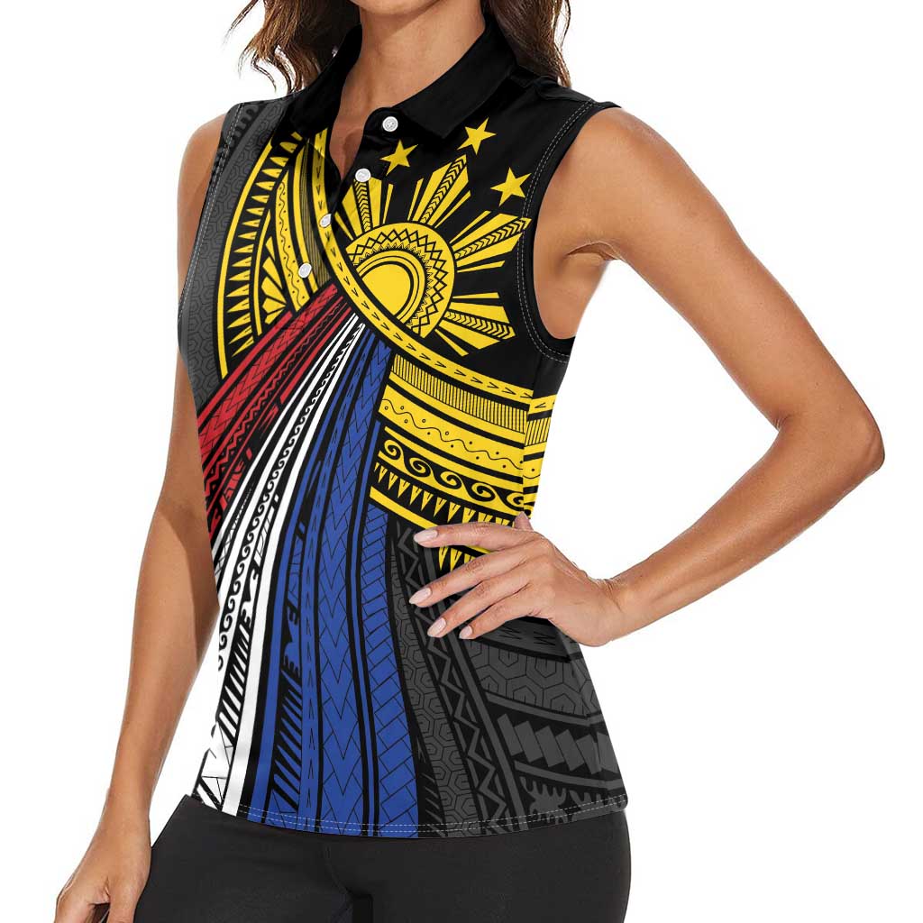 Philippines Sun Women Sleeveless Polo Shirt Pasifika Tribal Style
