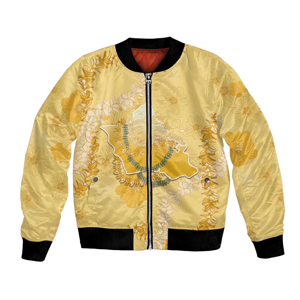 Hawaii Oahu Island Flowers Lei Bomber Jacket Yellow Ilima Mix Plumeria LT7 Unisex Yellow - Polynesian Pride