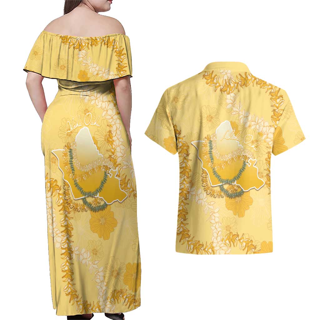 Hawaii Oahu Island Flowers Lei Couples Matching Off Shoulder Maxi Dress and Hawaiian Shirt Yellow Ilima Mix Plumeria