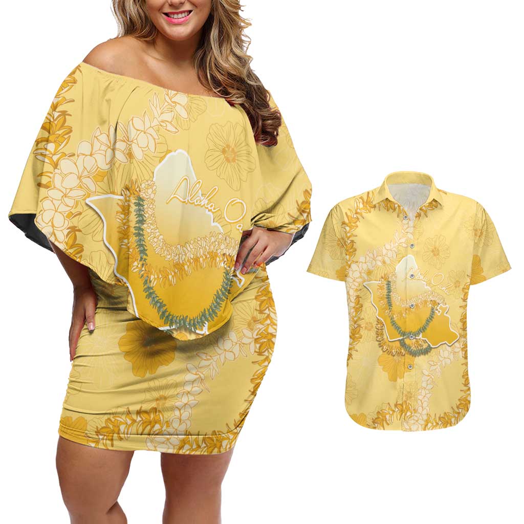 Hawaii Oahu Island Flowers Lei Couples Matching Off Shoulder Short Dress and Hawaiian Shirt Yellow Ilima Mix Plumeria LT7 Yellow - Polynesian Pride