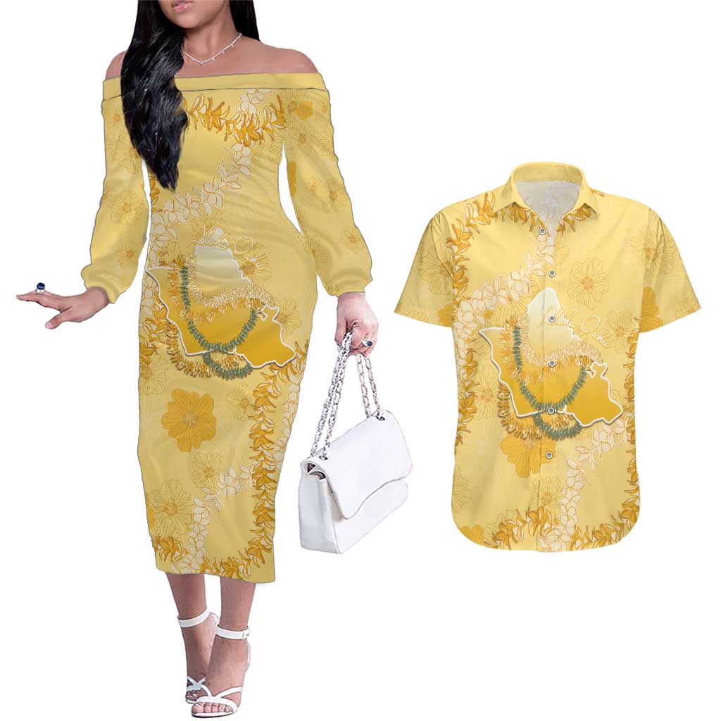 Hawaii Oahu Island Flowers Lei Couples Matching Off The Shoulder Long Sleeve Dress and Hawaiian Shirt Yellow Ilima Mix Plumeria LT7 Yellow - Polynesian Pride