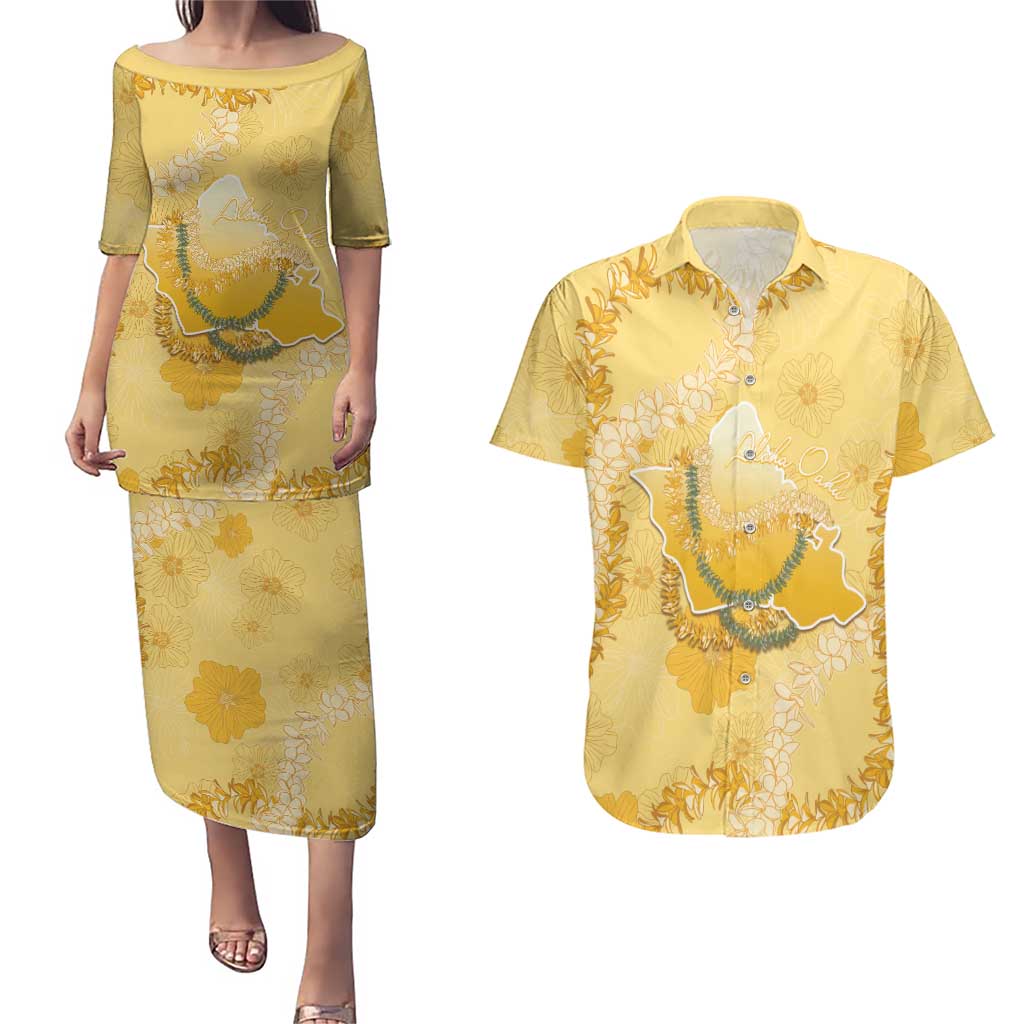 Hawaii Oahu Island Flowers Lei Couples Matching Puletasi and Hawaiian Shirt Yellow Ilima Mix Plumeria