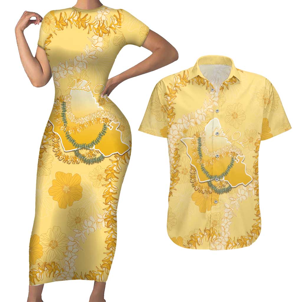 Hawaii Oahu Island Flowers Lei Couples Matching Short Sleeve Bodycon Dress and Hawaiian Shirt Yellow Ilima Mix Plumeria LT7 Yellow - Polynesian Pride