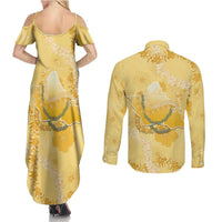 Hawaii Oahu Island Flowers Lei Couples Matching Summer Maxi Dress and Long Sleeve Button Shirt Yellow Ilima Mix Plumeria