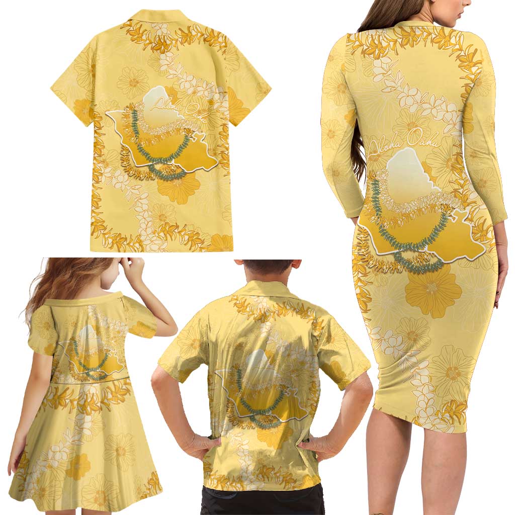 Hawaii Oahu Island Flowers Lei Family Matching Long Sleeve Bodycon Dress and Hawaiian Shirt Yellow Ilima Mix Plumeria