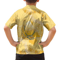 Hawaii Oahu Island Flowers Lei Family Matching Off The Shoulder Long Sleeve Dress and Hawaiian Shirt Yellow Ilima Mix Plumeria
