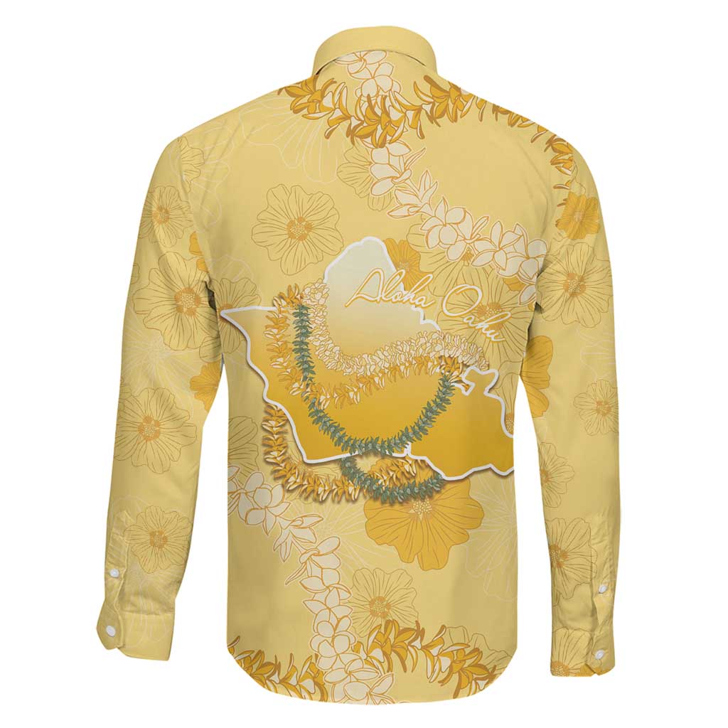 Hawaii Oahu Island Flowers Lei Family Matching Off The Shoulder Long Sleeve Dress and Hawaiian Shirt Yellow Ilima Mix Plumeria