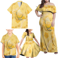 Hawaii Oahu Island Flowers Lei Family Matching Off Shoulder Maxi Dress and Hawaiian Shirt Yellow Ilima Mix Plumeria
