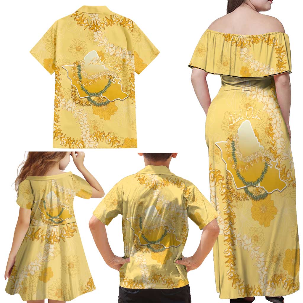 Hawaii Oahu Island Flowers Lei Family Matching Off Shoulder Maxi Dress and Hawaiian Shirt Yellow Ilima Mix Plumeria